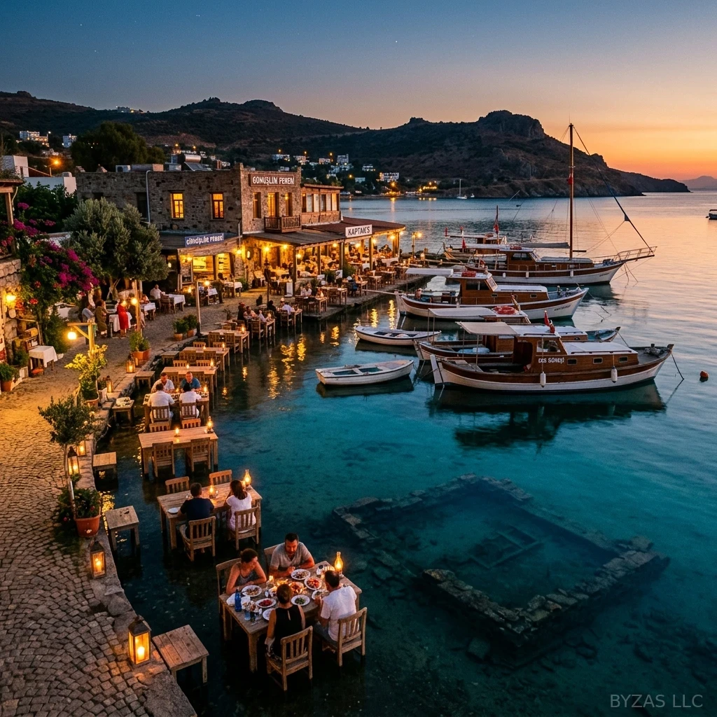 Gümüşlük waterfront fish taverns with candlelit wooden tables in shallow turquoise water at dusk, traditional fishing boats moored alongside, ancient sunken city ruins visible beneath the surface, bohemian Aegean atmosphere