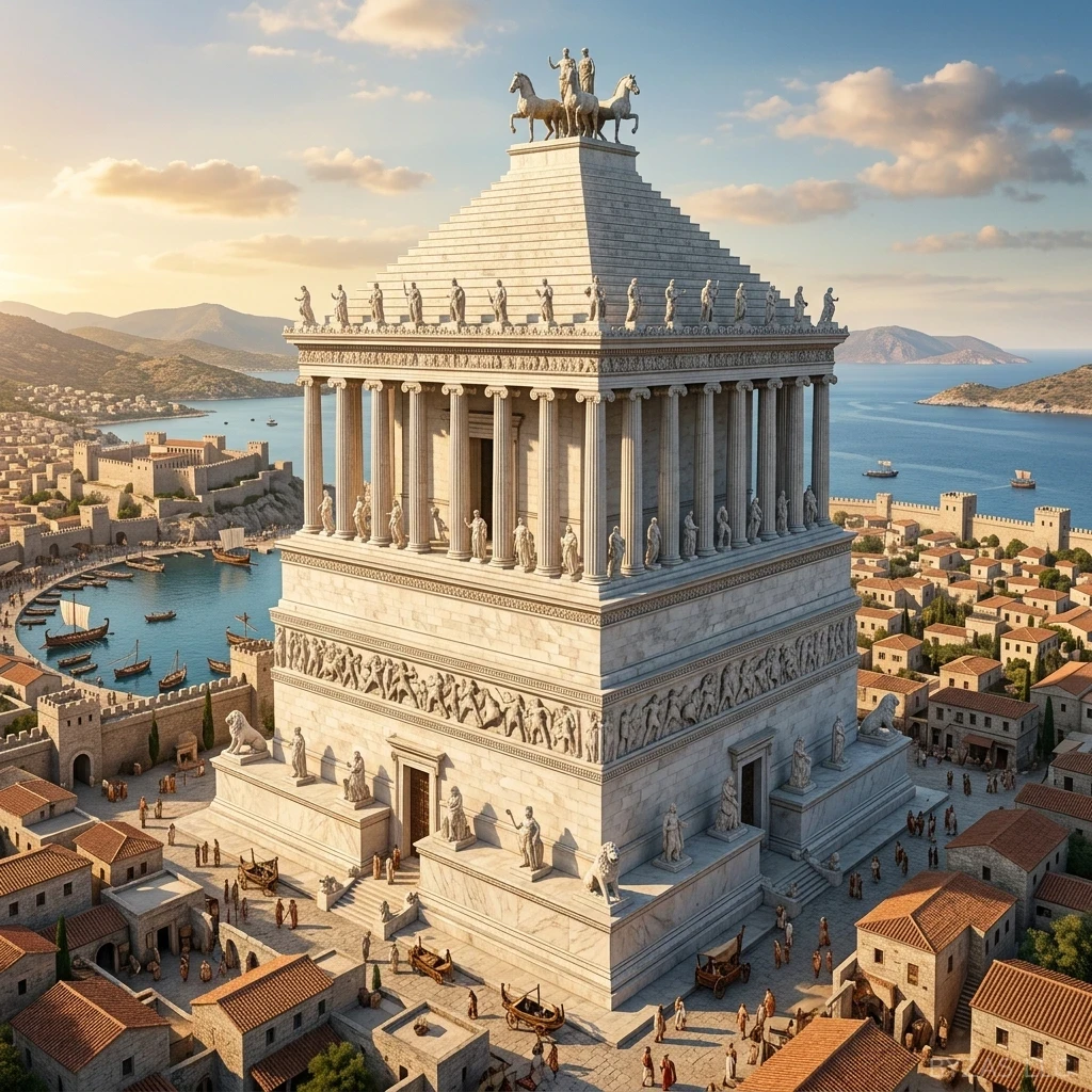 Photorealistic reconstruction of the ancient Mausoleum of Halicarnassus at its peak grandeur with Egyptian pyramidal roof, Greek Ionic colonnade, and Carian podium relief sculptures, overlooking the ancient harbor of Halicarnassus, modern Bodrum
