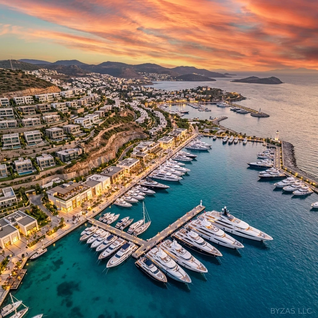 Aerial view of Yalıkavak Marina Bodrum at golden hour with luxury superyachts and mega-yachts moored in turquoise Aegean water, high-end promenade and designer boutiques, surrounding hillsides with minimalist villa estates
