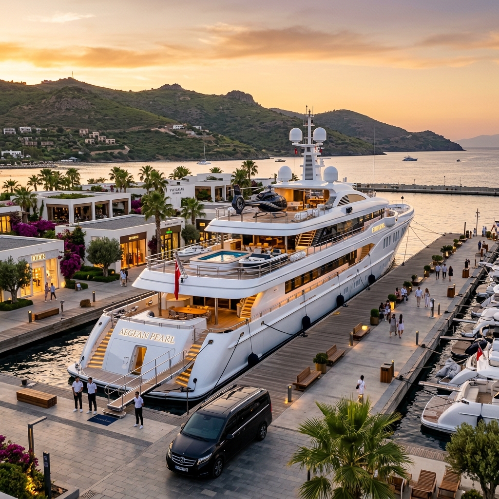 Luxury mega-yacht docked at Yalıkavak Marina