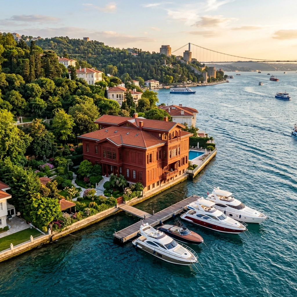 Luxury Ottoman Yali timber mansion on the Bosphorus waterfront near Rumelihisari with private yacht pier, forested hillside and suspension bridge in background