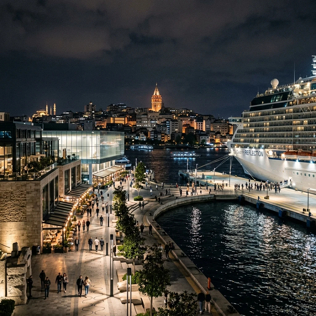 Galataport Istanbul waterfront at night with luxury cruise liner docked, Istanbul Modern art museum glass facade, Galata Tower illuminated in background