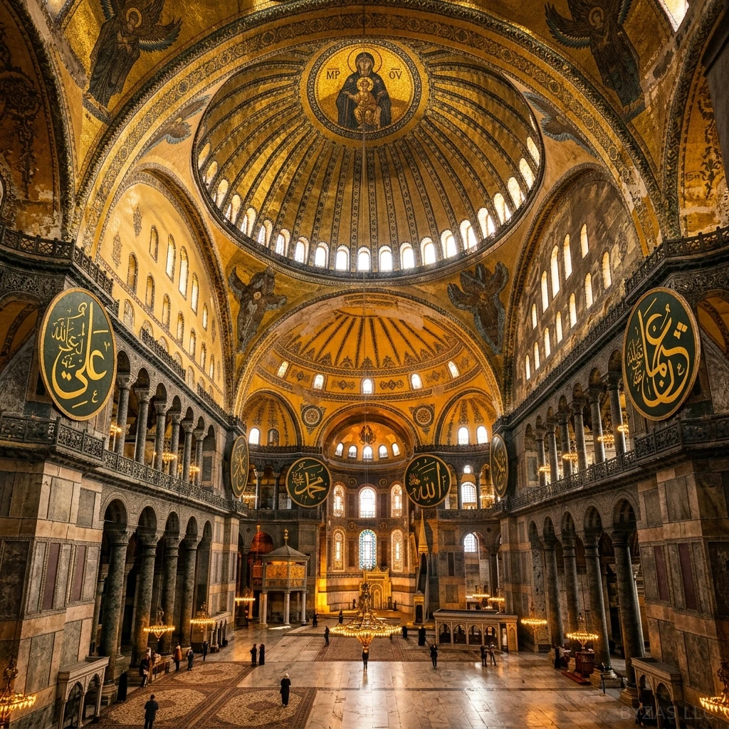 Hagia Sophia interior showing Byzantine dome with forty arched windows, gold mosaic ceiling, Ottoman calligraphy medallions and ancient marble columns